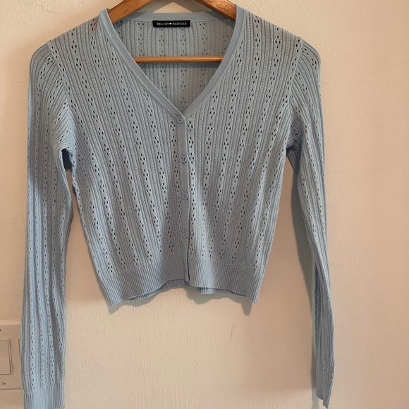 Brandy Melvile Cropped Pointelle Button Down Sweater in Blue Sz S - Picture 2 of 4